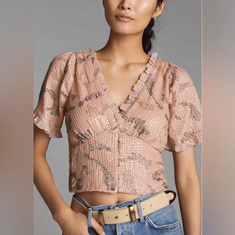 Anthropologie Forever That Girl Sequined V-Neck Blouse size XS